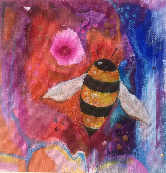 Bee painting - whimsical bee flies over an abstract landscape of orange, pink, purple and blue with one small pink flower peeping out.