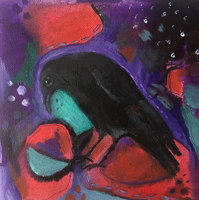 Crow painting - crow bows her head against a purple, green and red cosmic background.