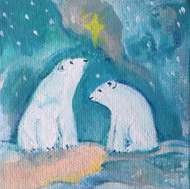 2 polar bears meet in their snow laden, celestial city to witness a sky charged with Northern Lights. They stand under a diamond yellow star to seal their love.