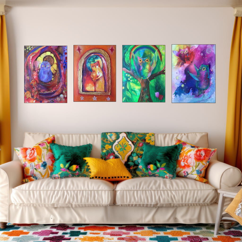 A mock up image showing all 4 paintings on the wall from My Mother Archetype Collection above a cream sofa with colourful cushions. Therre is a colourful rug and curtains to complete the room.