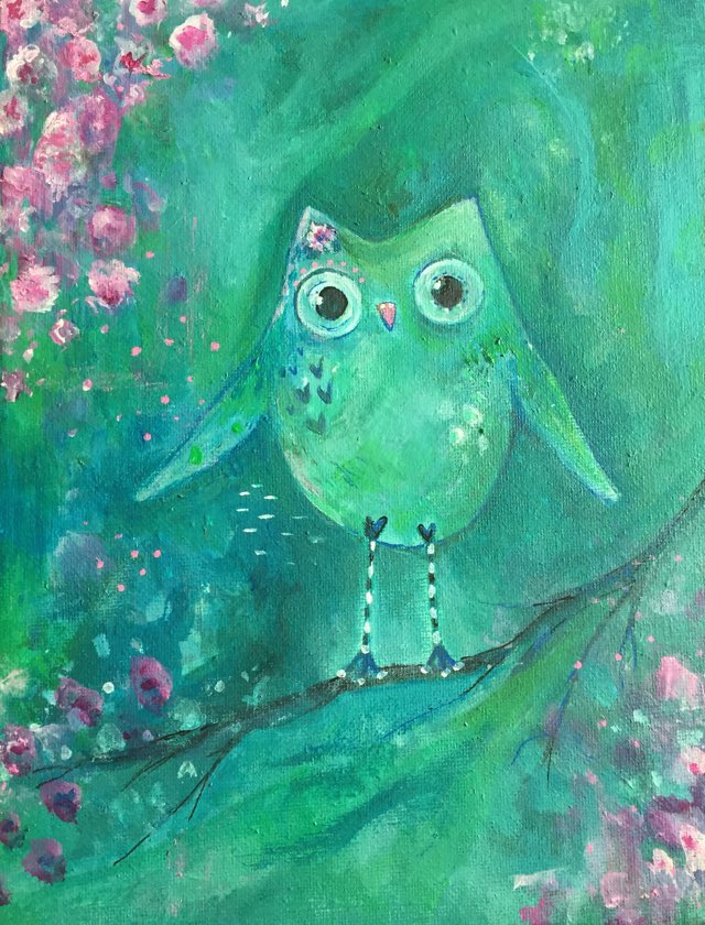 Whimsical Owl Painting that shows a sweet and adorable standing on a cherry blossom branch. She is painted in warm tones of teal and turquoise and her abstracted background is painted in the same colours.