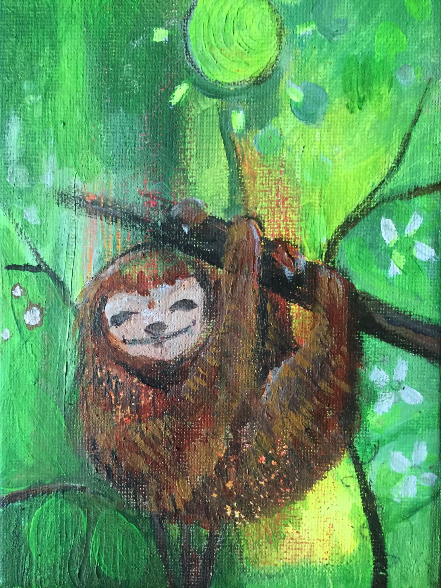 Whimsical sloth painting - sloth hangs from a tree branch with a huge smile on her face. Behind her is an abstract patchwork of green hues and the yellow-green sun above her.