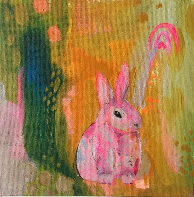 Rabbit Painting - A whimsical painting of a rabbit painted in soft pink tones. She sits still on a background of yellow and green and a stylised rainbow floats above her.