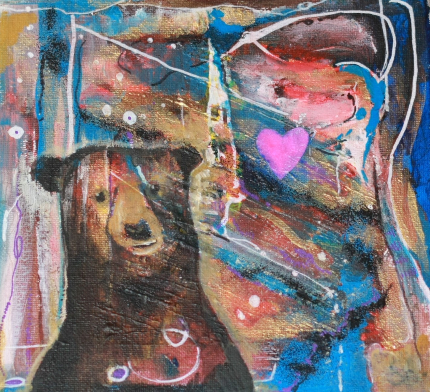 Bear painting - whimsical bear painted on a textured abstract background of blue and earthy tones. One purple heart is collaged onto the background.