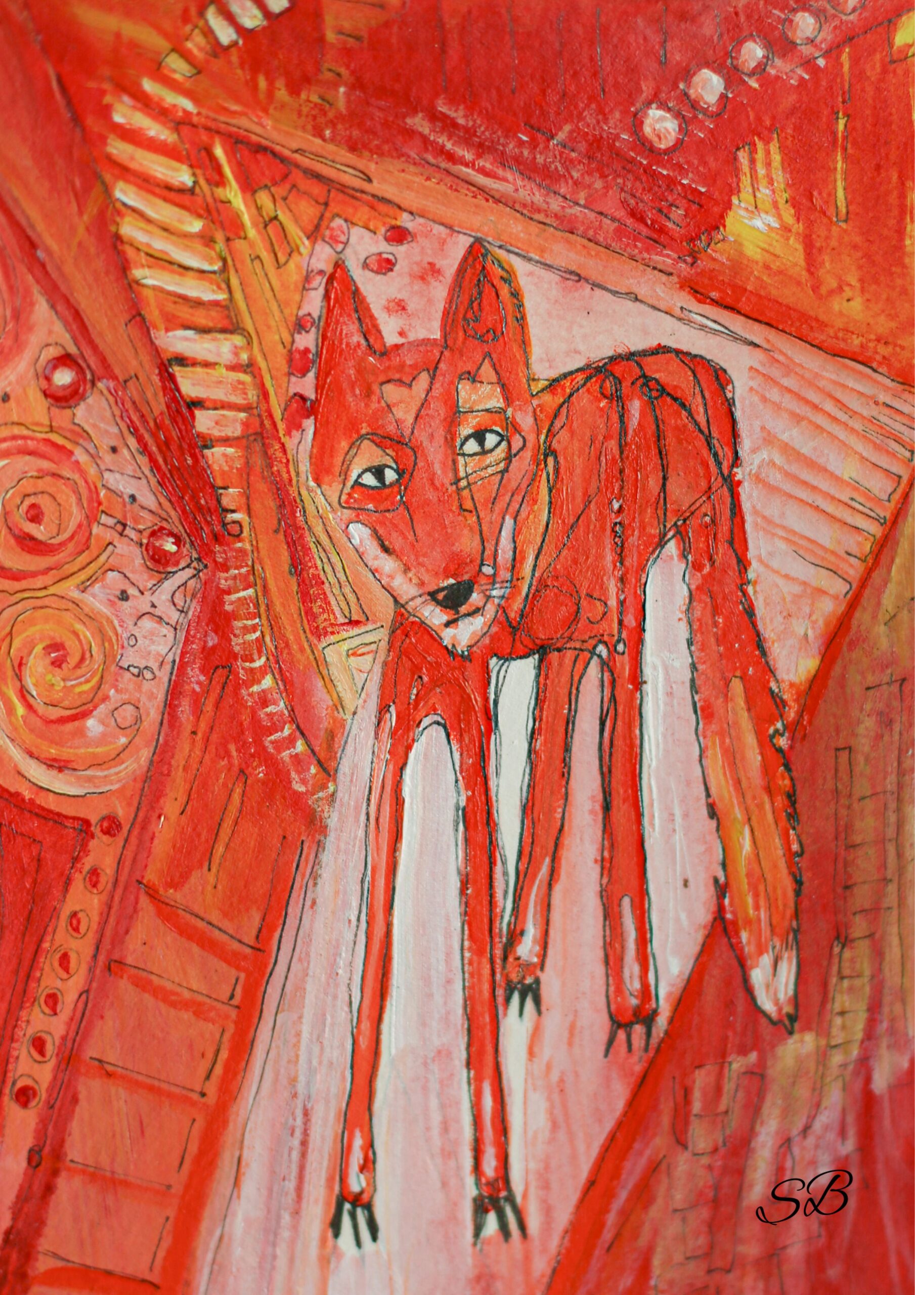 magical fox art print - Urban fox is painted in a child like manner with much whimsical charm. He stands bright orange on an abstracted street background of similar hues.