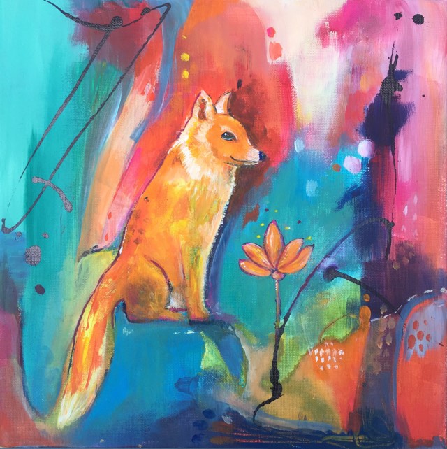 This whimsical fox painting shows fox sitting beside a lotus flower of similar orange hues. She has a quietly cunning smile. She is painted against an abstract and colourful background of aqua, red, pink and purple tones.