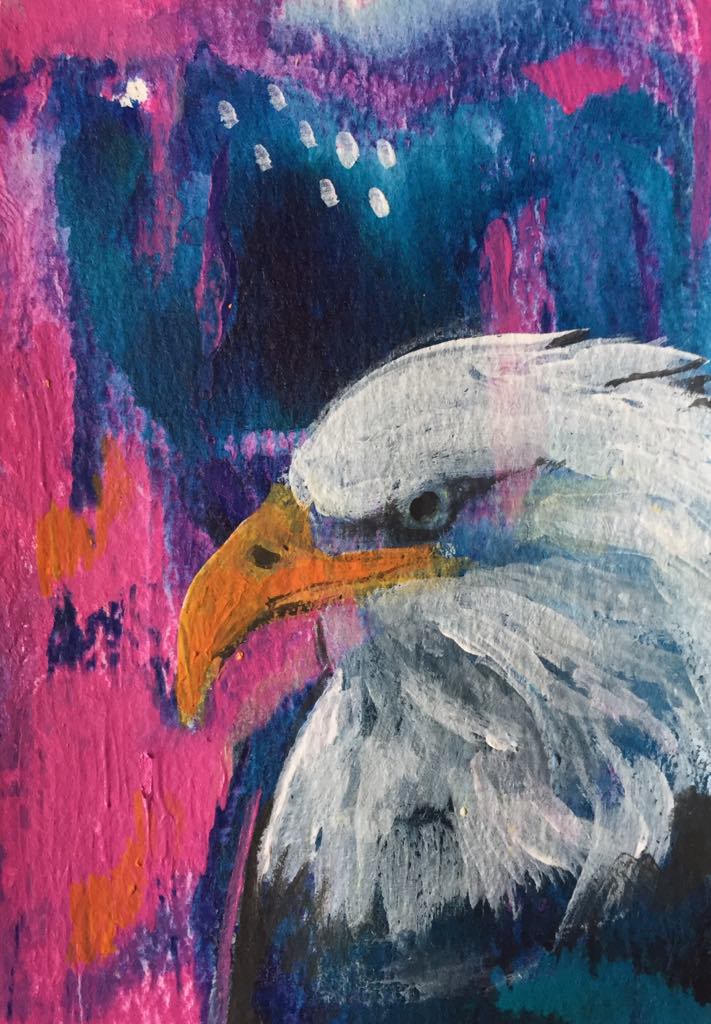 Magical eagle art. Eagle's face looks to the left. Behind him is an abstraction of pinks and blues.