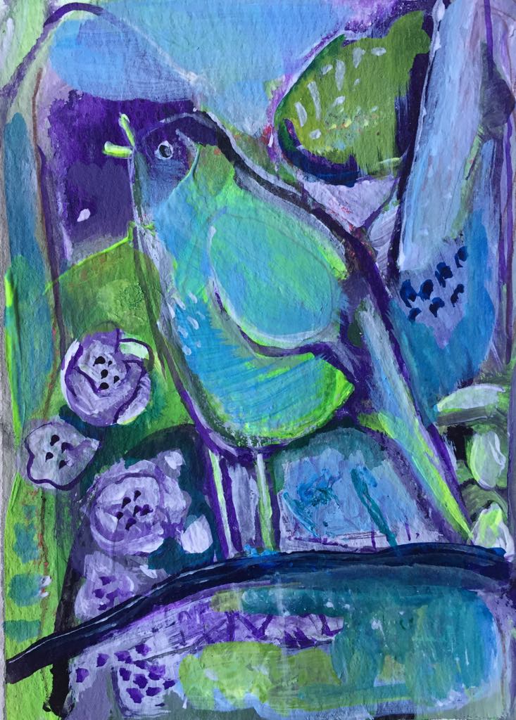 Magical songbird art - this painting is of a bluebird singing her heart out against an abstract background of blues, greens and purples. She stands on a branch above abstract water and beside white stylised flowers.