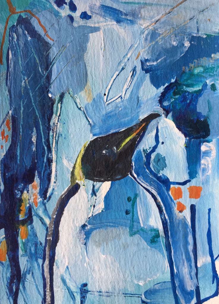 Magical Penguin art - this painting shows penguin popping up from the bottom of the image. She stands against an abstract background of blues and whites with hints of orange.