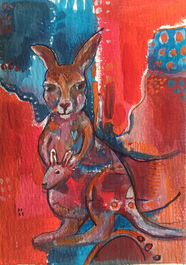 Magical kangaroo art. In this painting kangaroo is painted in warm tones of brown, blue and red. Her baby joey peeks out from her pouch. The abstract landscape behind her is red, browns and blue