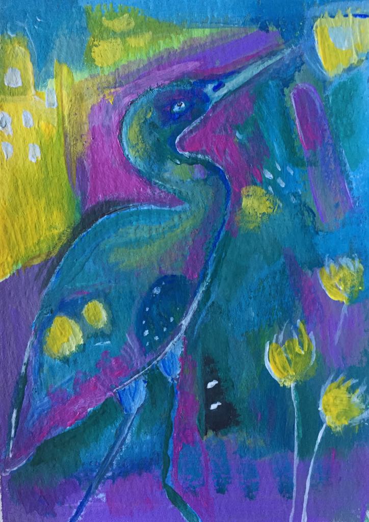 Magical heron art - this painting shows the heron looking up towards the sun. She is painted in vibrant tones of blue yellow and magenta which is the same as her surroundings.