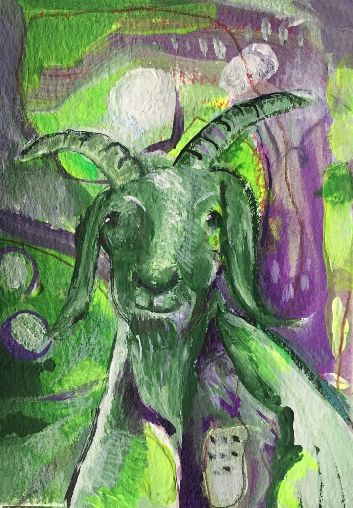 Colourful goat art - This goat painting is painted in tones of green and purple. Goat peers out from the painting, full of character and charm. He reminds me of The Green Man imagery.