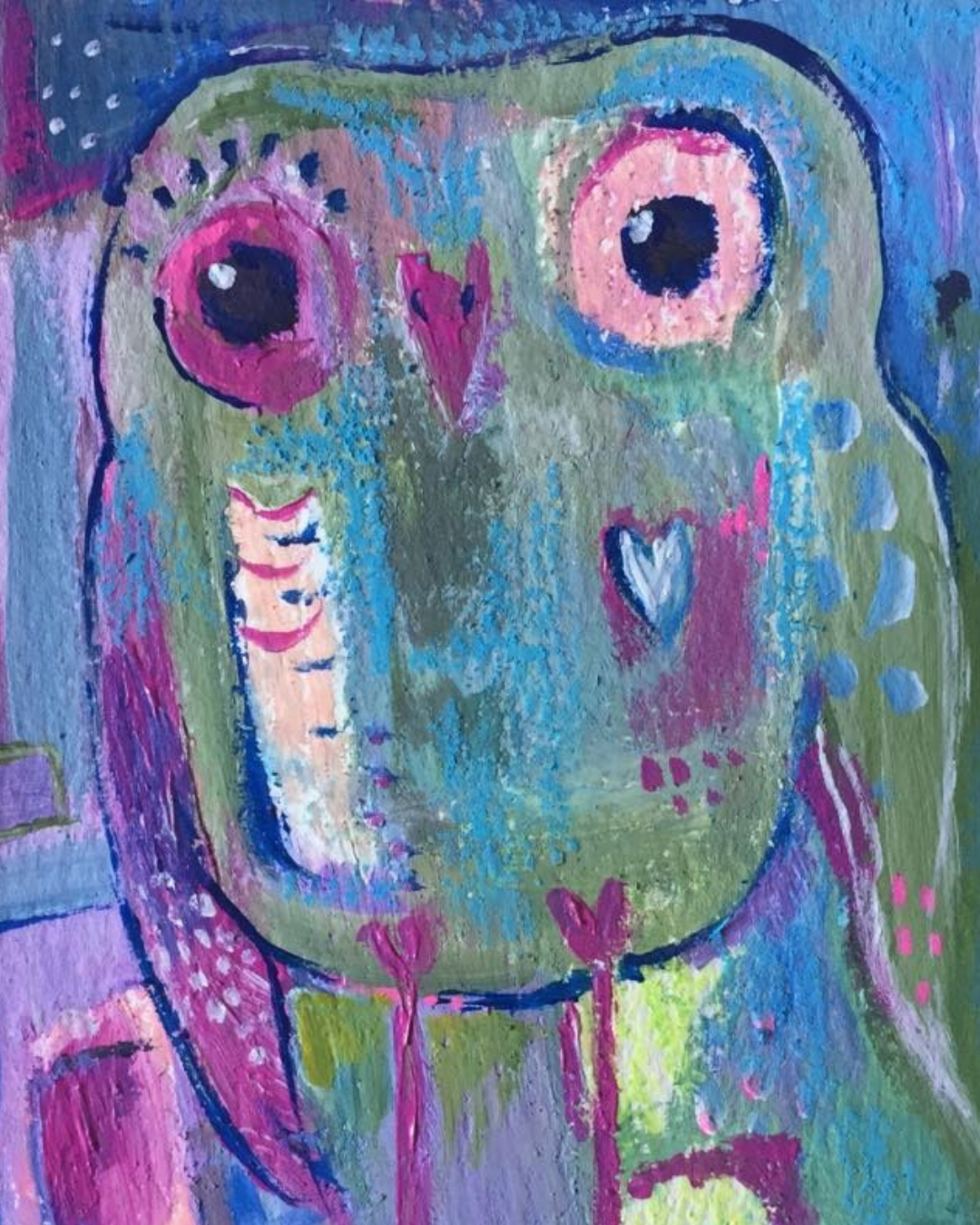 Colourful owl art - this abstract owl painting is created from layers of soft blues, yellows and pinks using acrylic paints and pastels.
