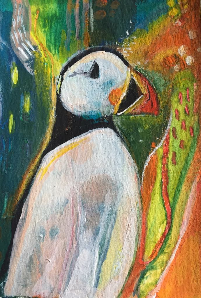 Magical puffin art - this painting shows puffin standing against an abstract background of greens, teals and oranges.