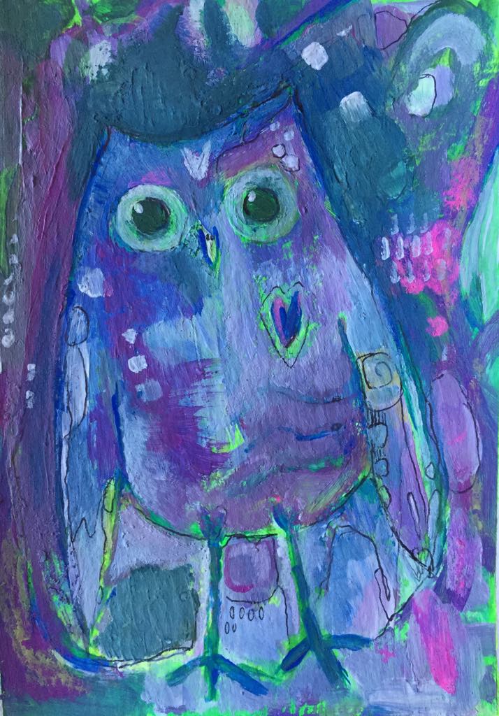 Magical owl art - this abstract owl painting is created from layers of soft blues, purples, greens and pinks using acrylic paints and pastels.
