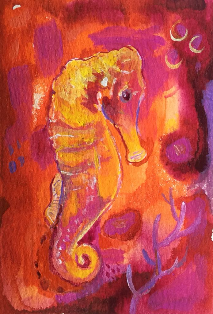 This magical seahorse art is painted in warm and bright tones of orange, yellows and pinks. Seaweed sways beneath her as she glides through her magical underwater queendom.