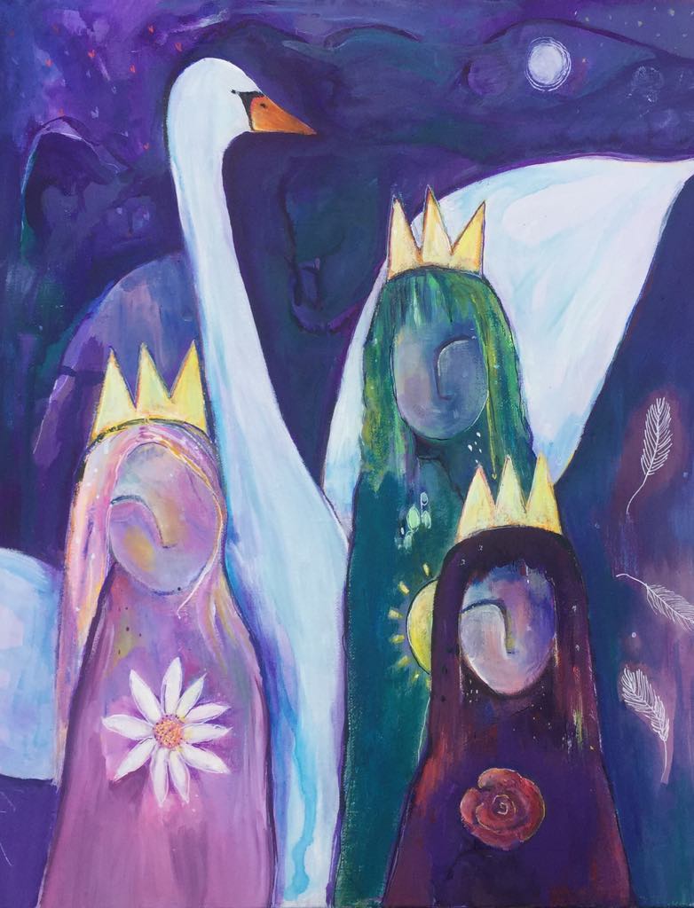 Magical Wild Women art - 3 wild women and a swan. The swan stands tall and elelgant behind the three women. One woman is painted in tomnes of green and has a sun on her dress. The smallest wild woman is painted in deep reds andhas a red rose on her dress. The third wild woman is painted in tones of pink and has a daisy on her dress. 3 white feathers float down beside them and the moon lights up a northern lights style sky.