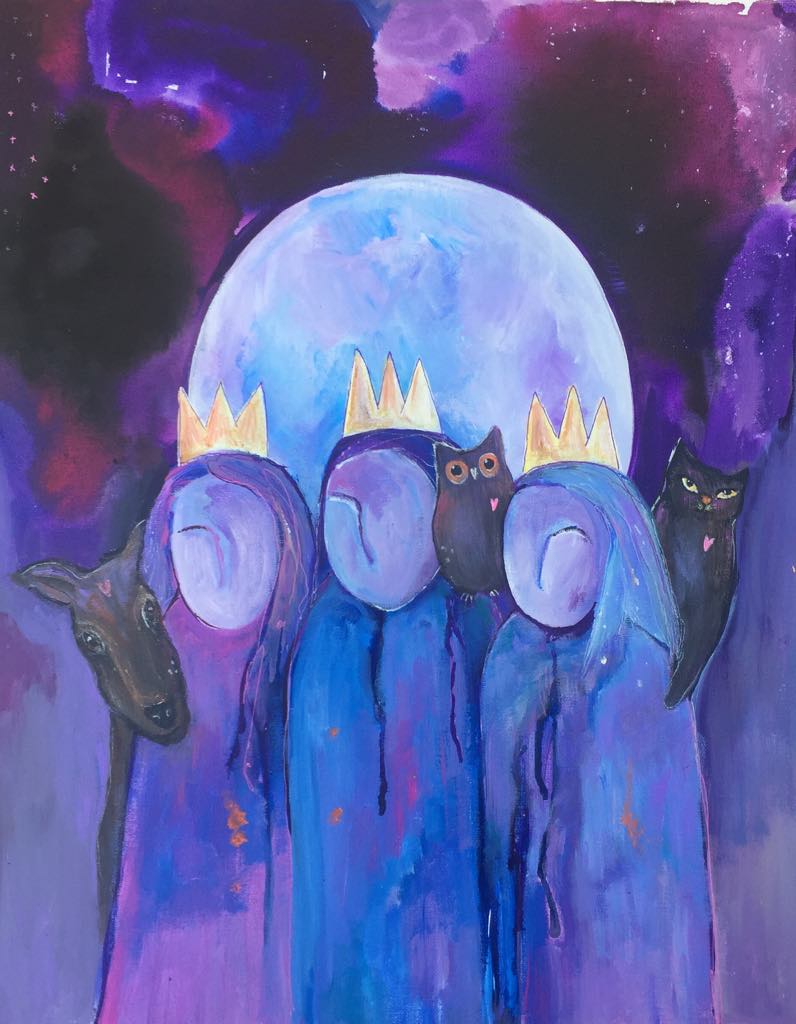 3 spiritual wild women stand together beneath the light of the full moon. One wild woman has a caat on her shoulder. One woman has an owl. whilst the other has a deer standing close and peeping out from behind her.