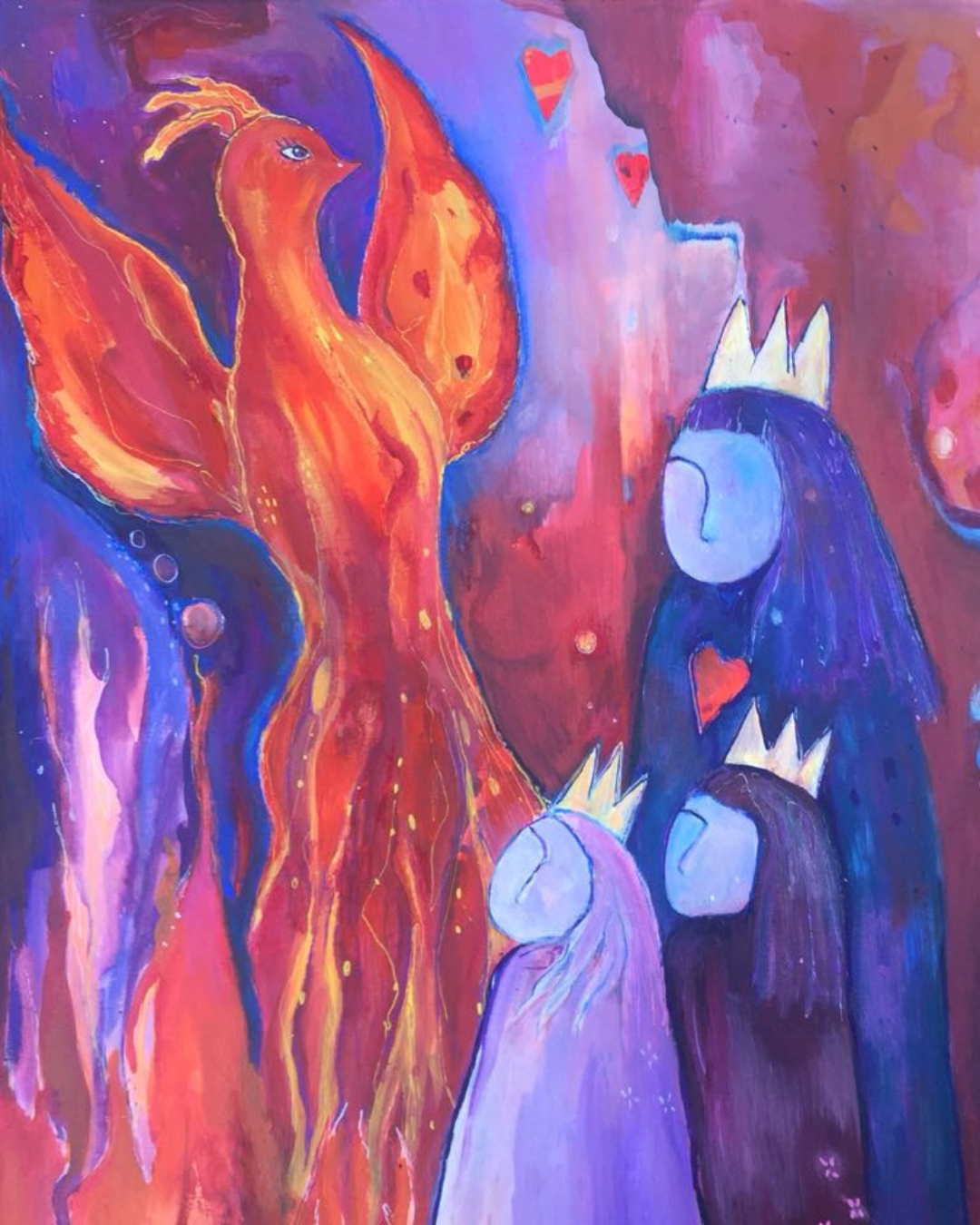 Magical Wild Women Art shows 3 Wild Women and a phoenix rising from the flames.