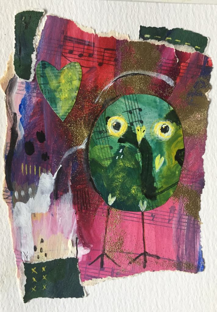 Bold and bright Owling Art made from collage papers. The green owling stands against an abstract background of magenta, blue and black with a light green heart floating above her
