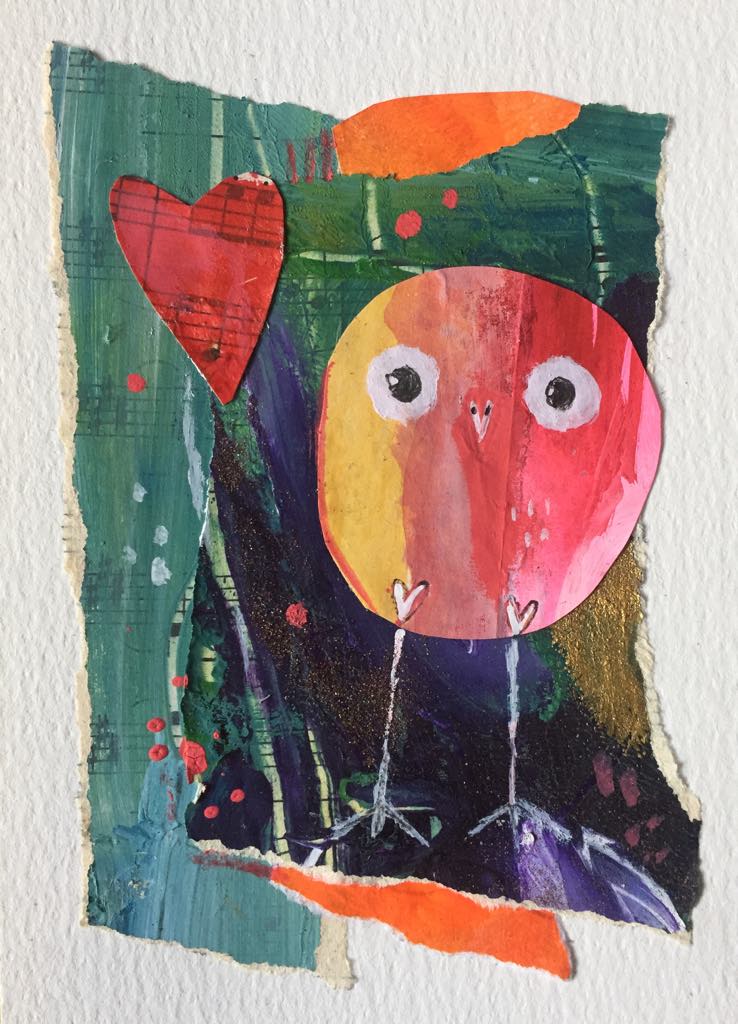 Whimsical Owling Art made from collage papers. The yellow and pink owling stands against an abstract background of purple and turquoise blue and orange with a red heart floating above her