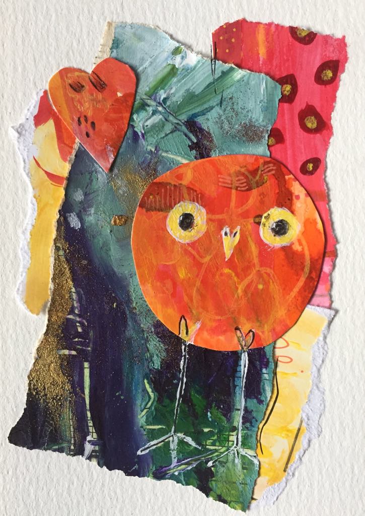 Colourful Owling Art made from collage papers. The orange owling stands against an abstract background of purple, turquoise, yellow and red with a light orange heart floating above her