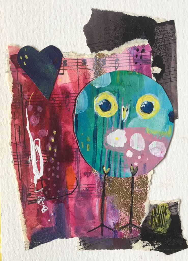 Magical Owling Art made from collage papers. aqua and pink owling stands against an abstract background of magenta and black with a dark green heart floating above her