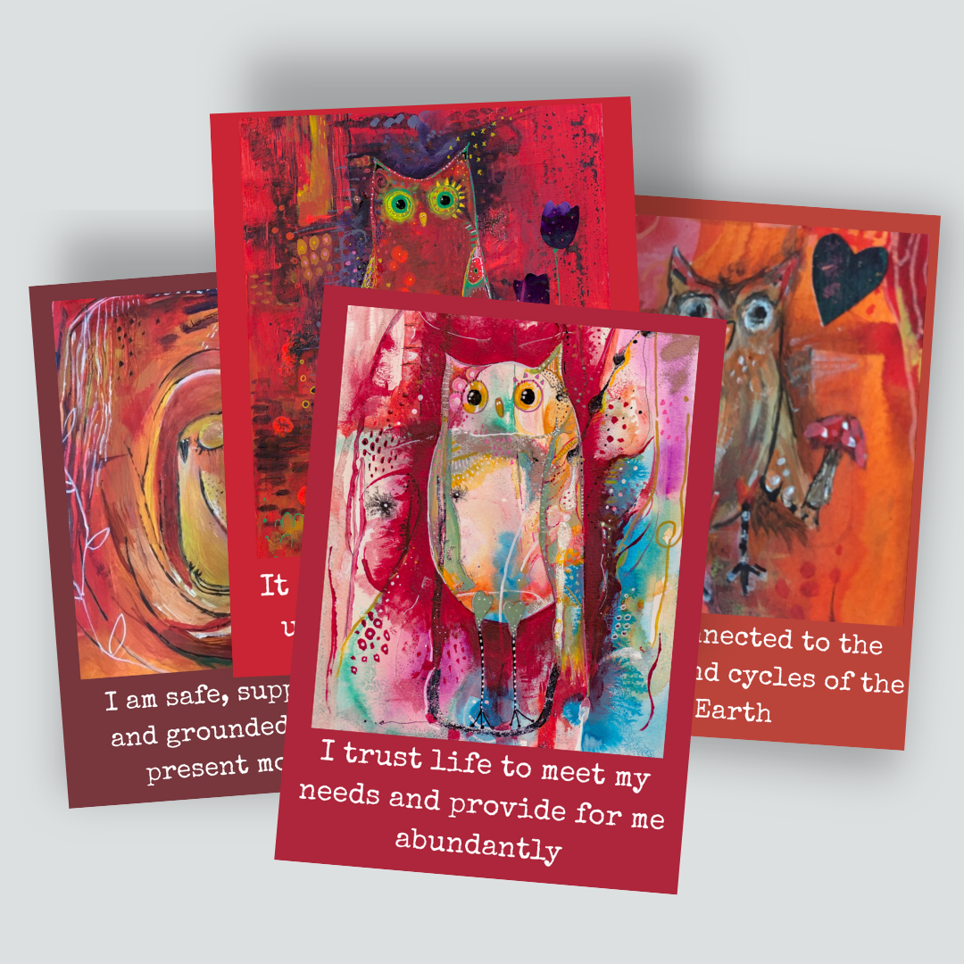 Picture sows the set of 4 root chakra owl affirmation postcards.