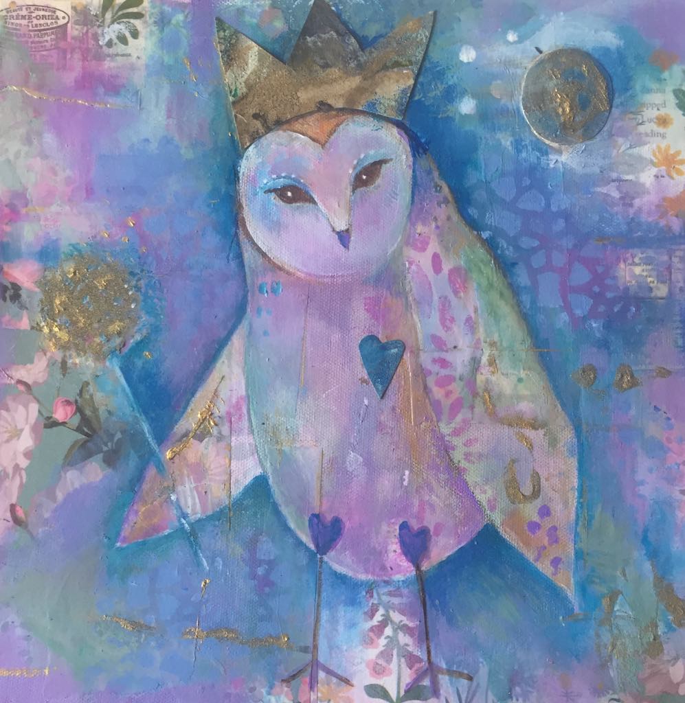 This magical owl painting has been created with layers of collage paper and soft pinks, greens and teals with hints og gold. She is a whimsical barn owl with a crown and allium plant in her left wing which looks like a golden scepter. Above her on the right is a golden moon.