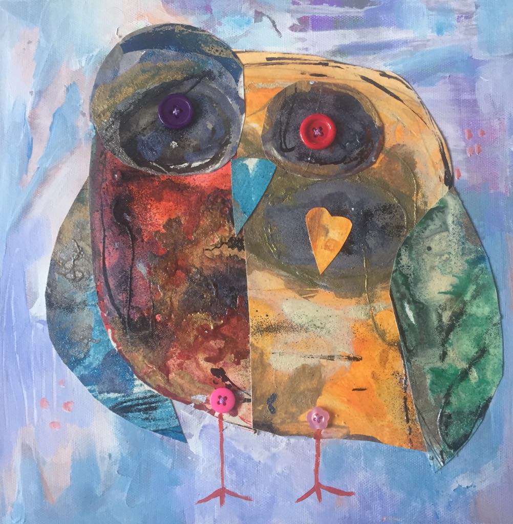 This magical owl painting is created using hand painted multi-coloured collage papers. She has button eyes and button hips. She stands on a textured light blue background