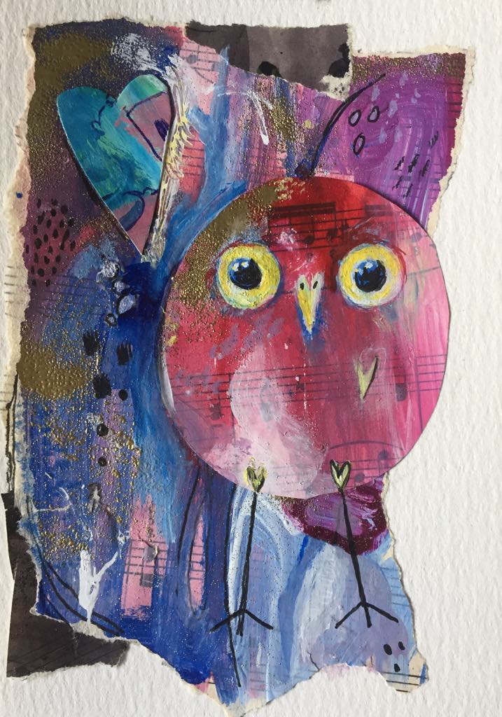 Bold and vibrant Owling Art made from collage papers. The magenta owling stands against an abstract background of magenta, blue and black with a light blue and pink heart floating above her