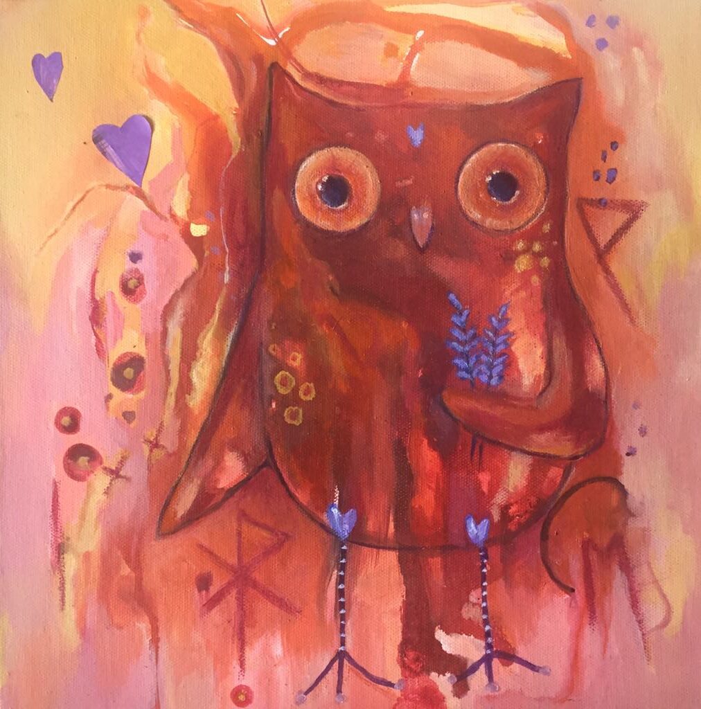 This magical owl painting shows a whimsical owl with large orange eyes and painted in tones of red, yellow and light pinks. Purple hearts float away from her and she holds lavender in her wing. She has black and white striped legs with purple heart hips.