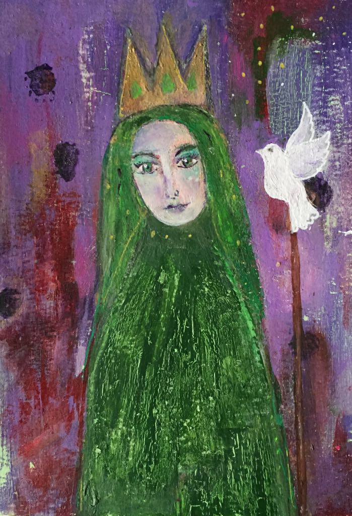 Wise woman art - I bring you peace shows a stylistic woman wearing a green robe and crown against an abstract background of purples. By her side is a staff topped with a white dove
