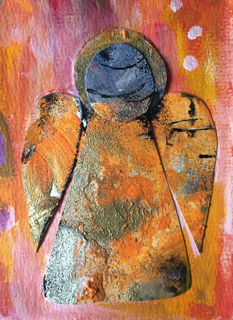 Angel of Healing - Warmth is a mini angel created from homemade collage paper. She is made from warm yellows and golds to bring you tender love after the storm.