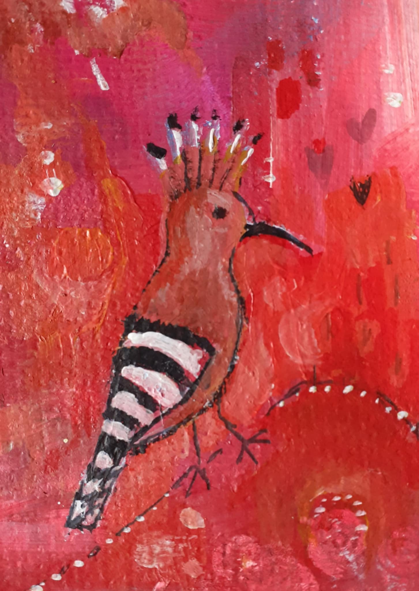 Hoopoe painting. Painting of a whimsical hoopoe hopping about against an abstract red and orange background.