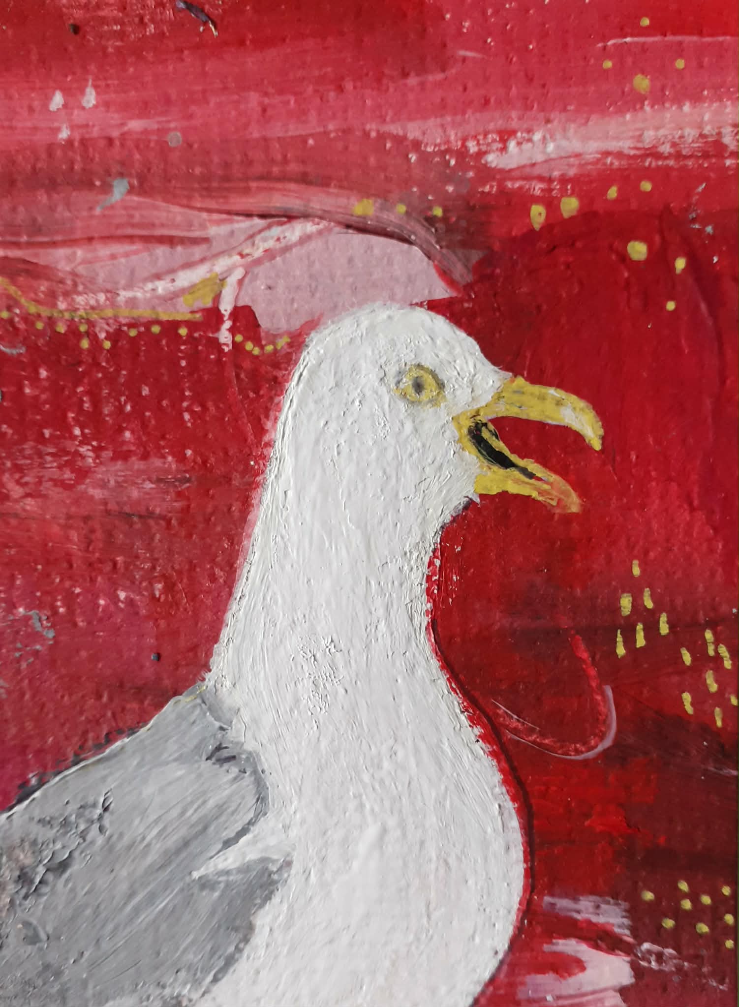 Herring gull painting. Painting of a whimsical herring gull with open beak against a an abstract background of reds and pinks.