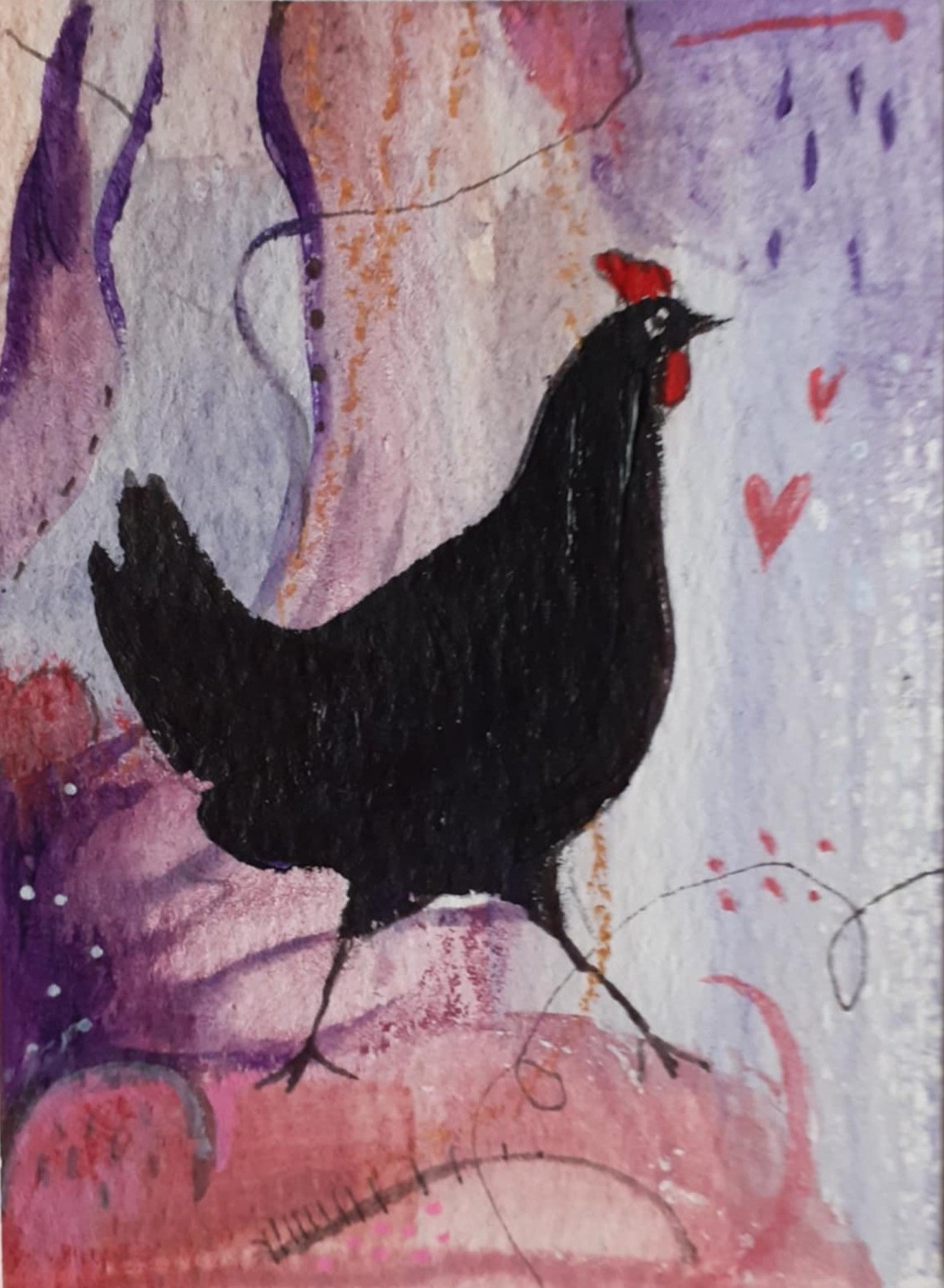 Chicken painting. Painting of a whimsical black hen walking against an abstract background of light earthy and purple tones.