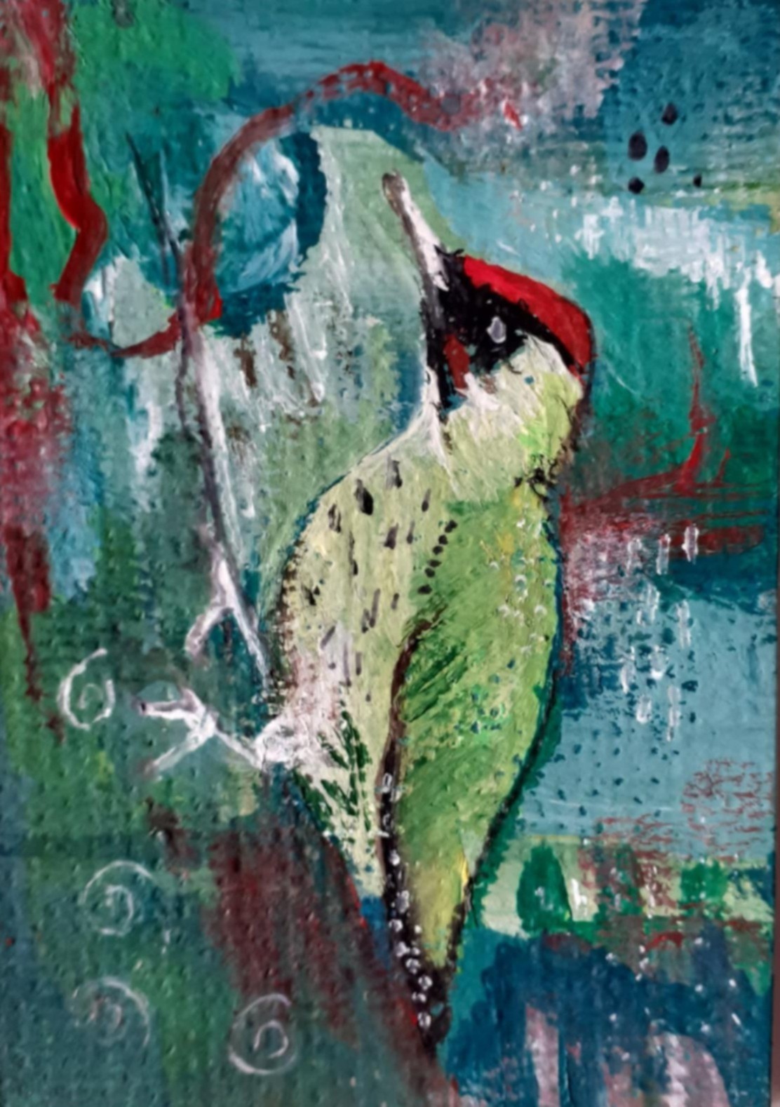 Woodpecker painting. Painting of a whimsical woodpecker- A green woodpecker clings to an abstract tree against an abstract background of blues. teals and red.