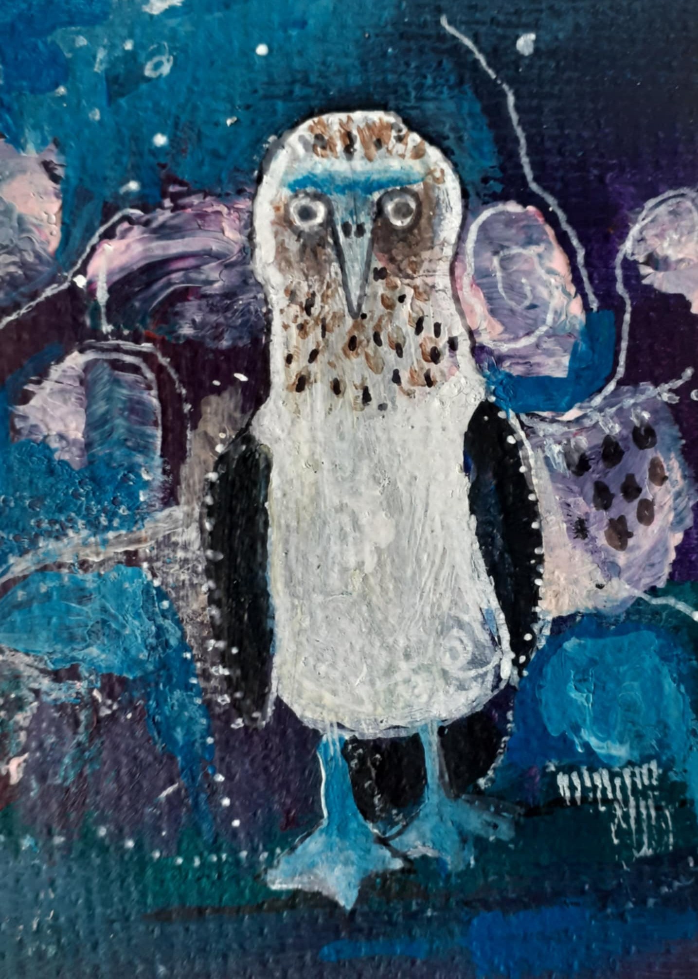 Blue-footed booby painting. Painting of a whimsical blue-footed booby who seems to stride into view surrounded by an abstract world of blue, purple and pink.