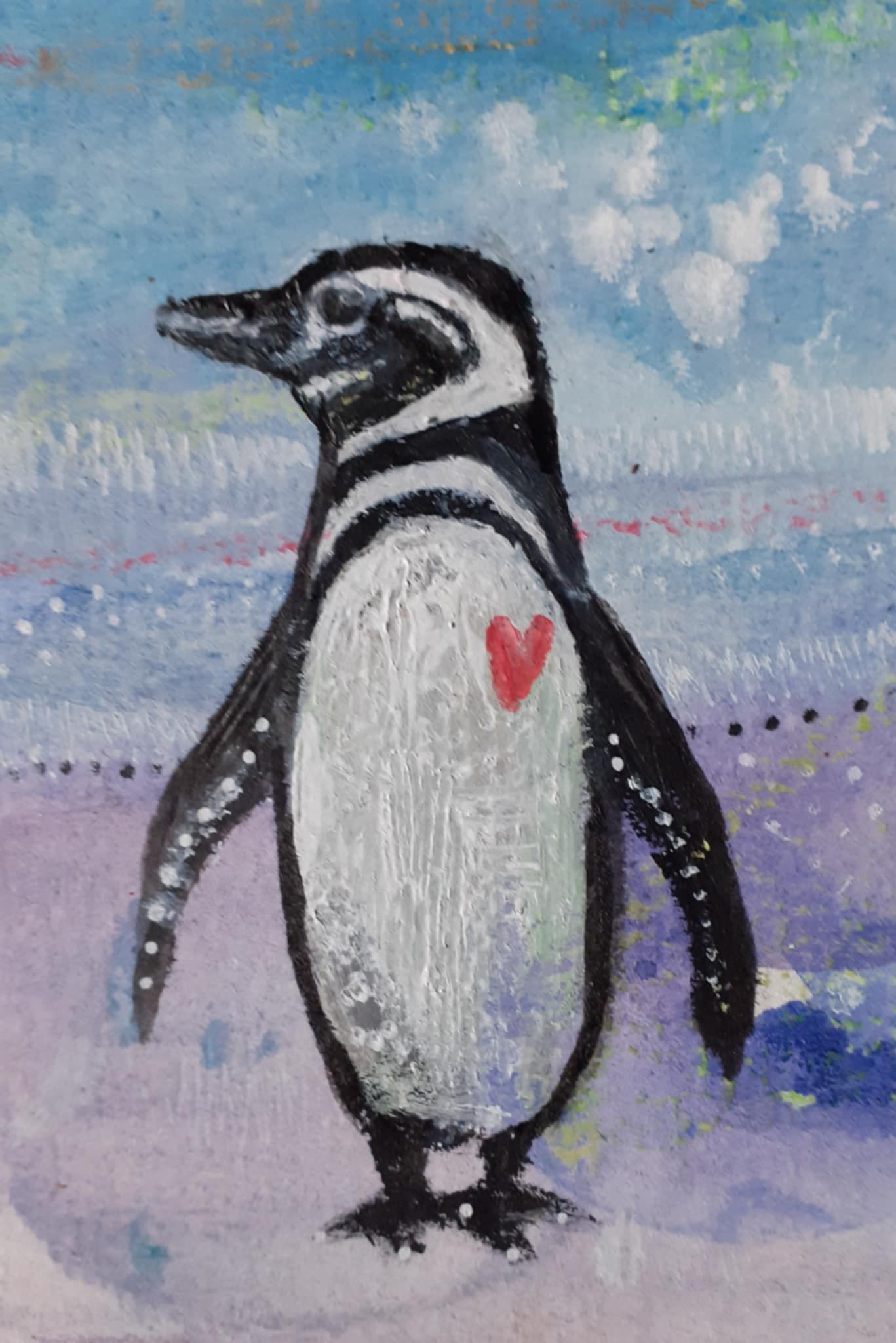 Penguin painting. Painting of a whimsical penguin - she is painted standing confidently against her harsh abstract blue landscape.