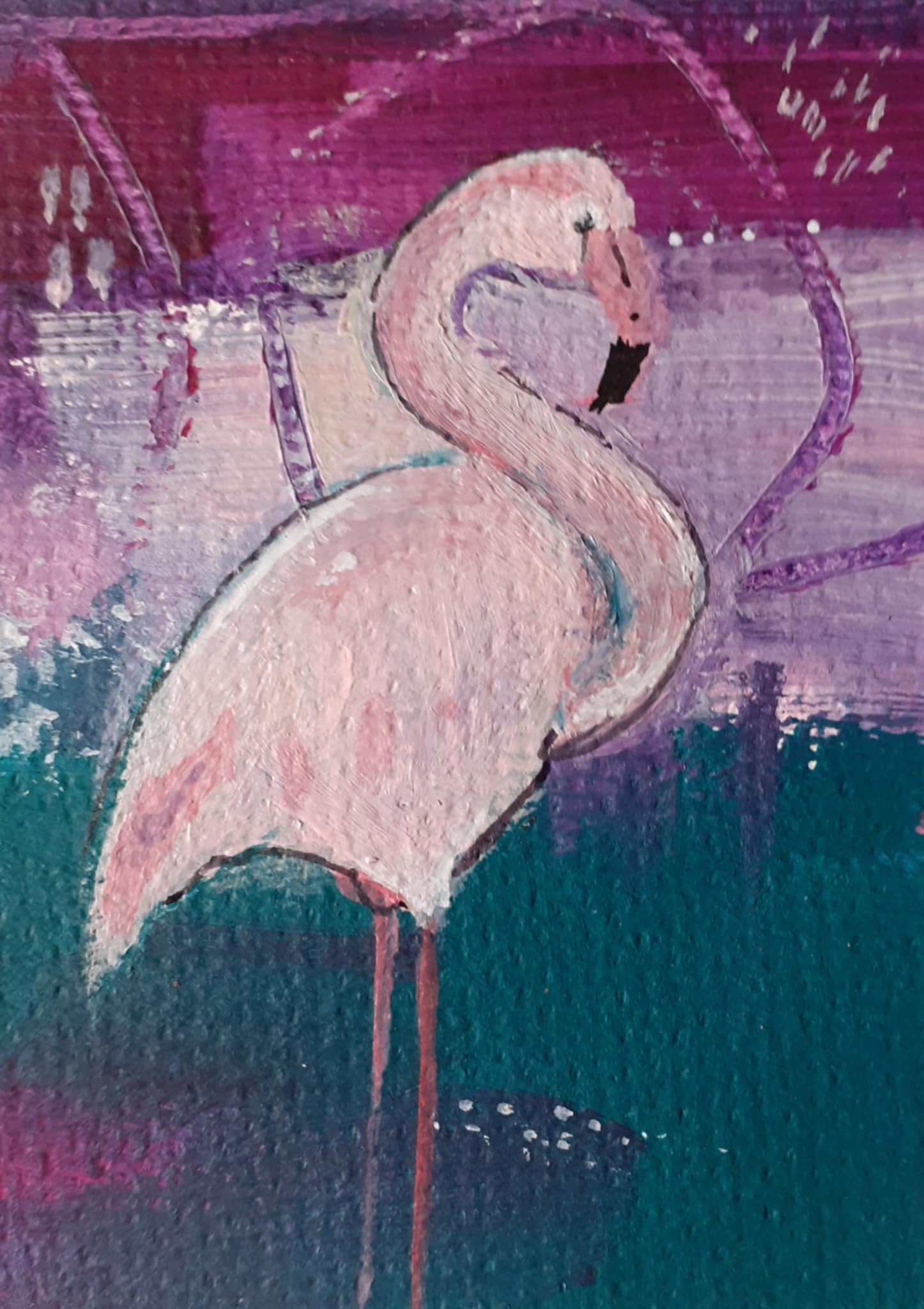 Flamingo painting. Painting of a whimsical flamingo standing tall against an abstract violet, lilac and green background.