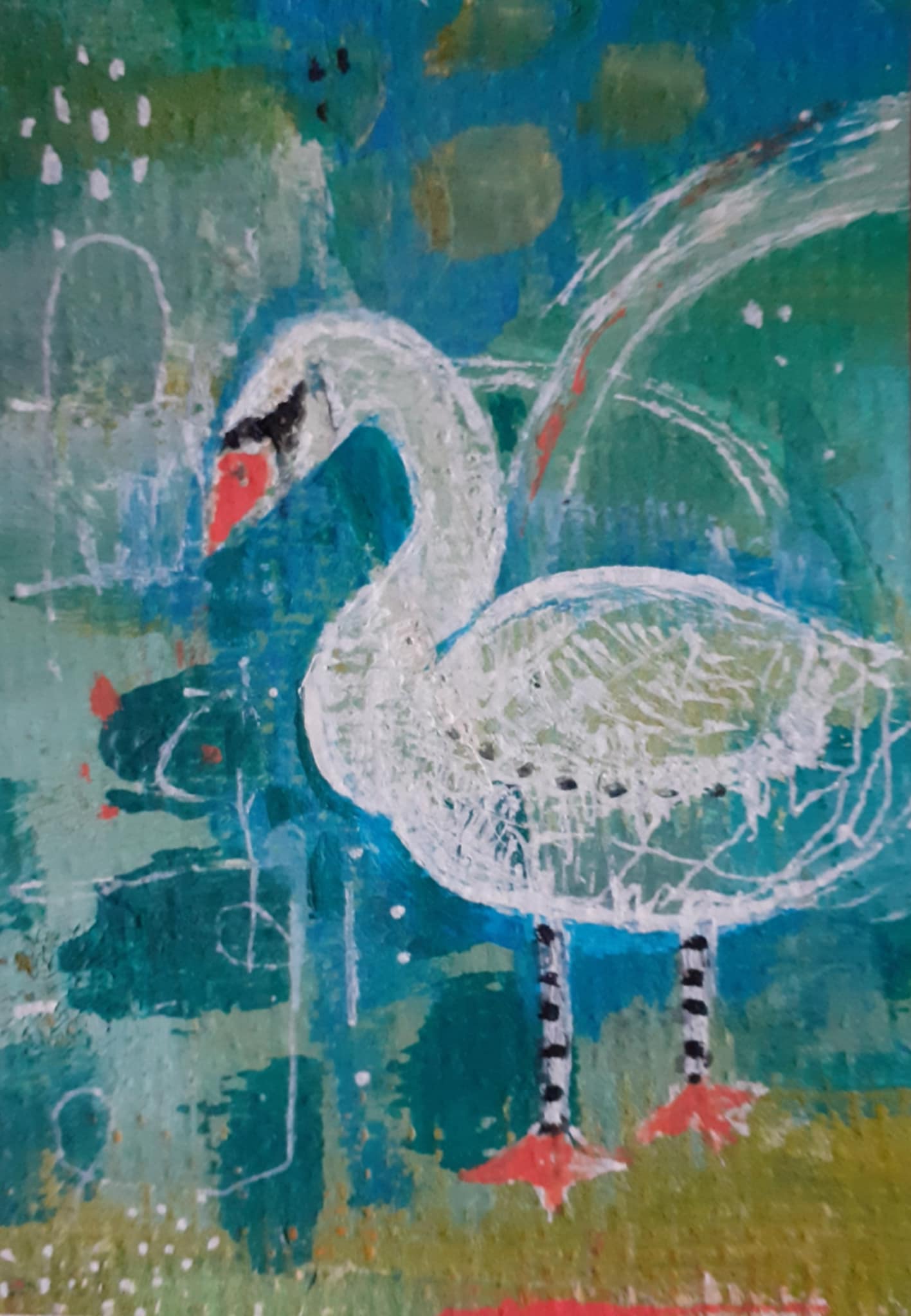 Swan painting. Painting of a whimsical swan standing with grace and trust against an abstract landscape background of greens and teals