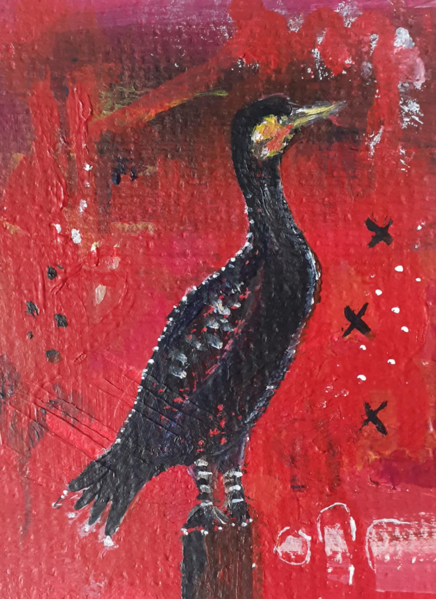 Cormorant painting. Painting of a whimsical cormorant - she is painted tall and proud, standing on a post against a vibrant red abstract background