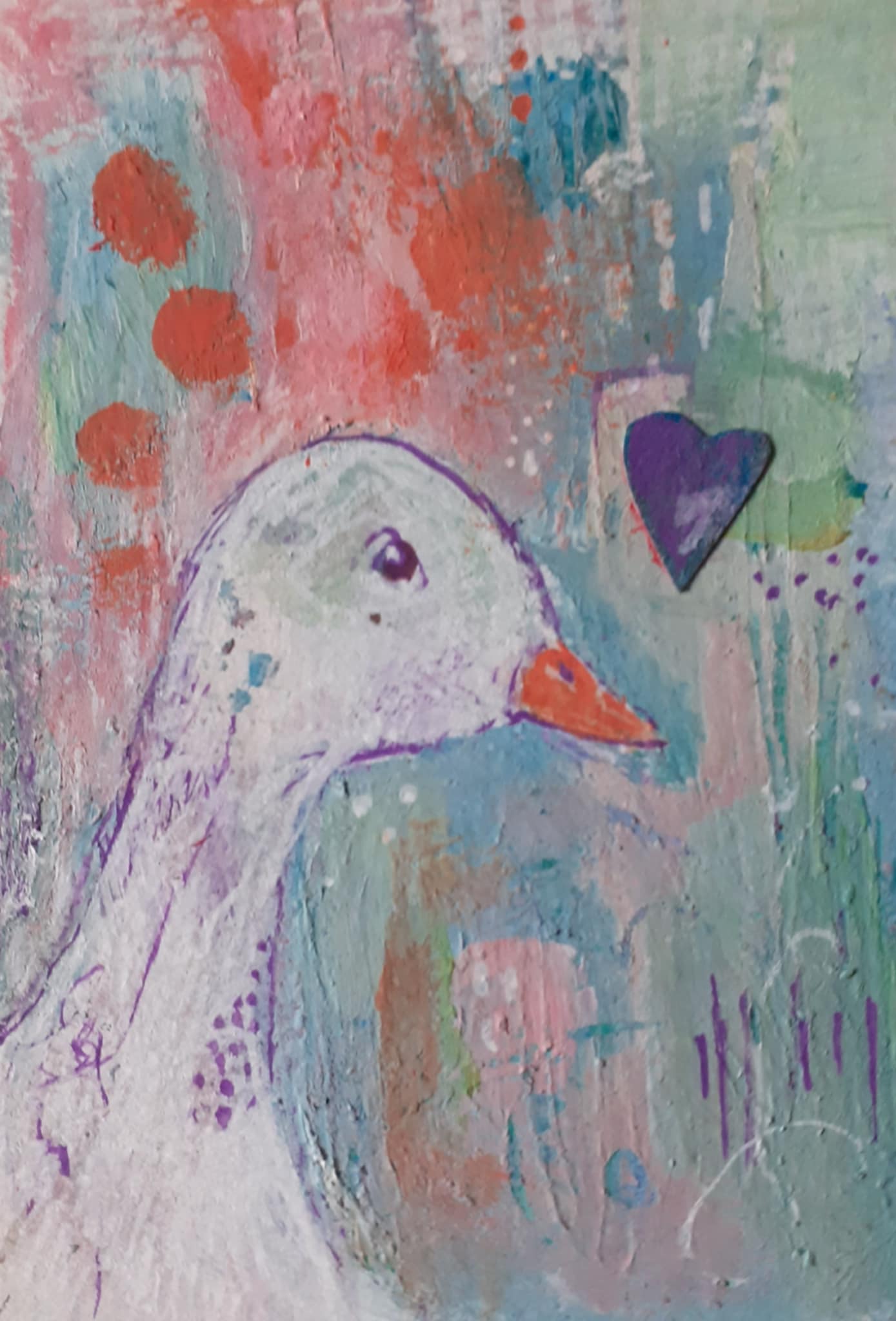 Goose painting. Painting of a whimsical goose - her head popping in from the corner of the painting. She is painted against a soft pastel pink and blue background.