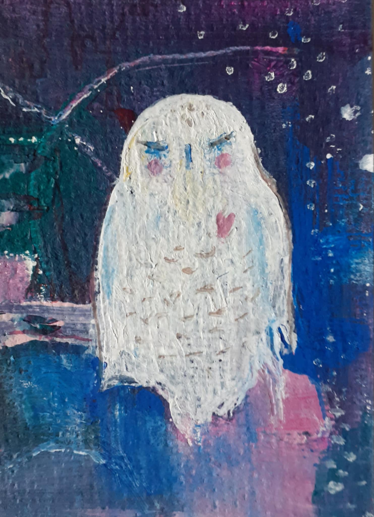 Snowy Owl painting. Painting of a whimsical snowy owl sleeping and dreaming against a mystical night sky.