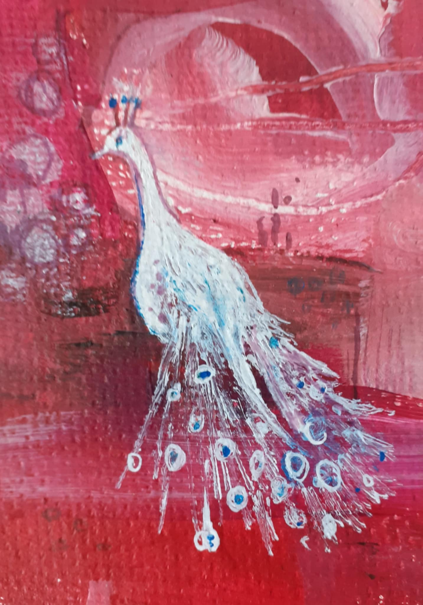 Peacock painting. Painting of a whimsical peacock- A white peacock makes their entrance with energy and passion against an abstract background if pink and red.