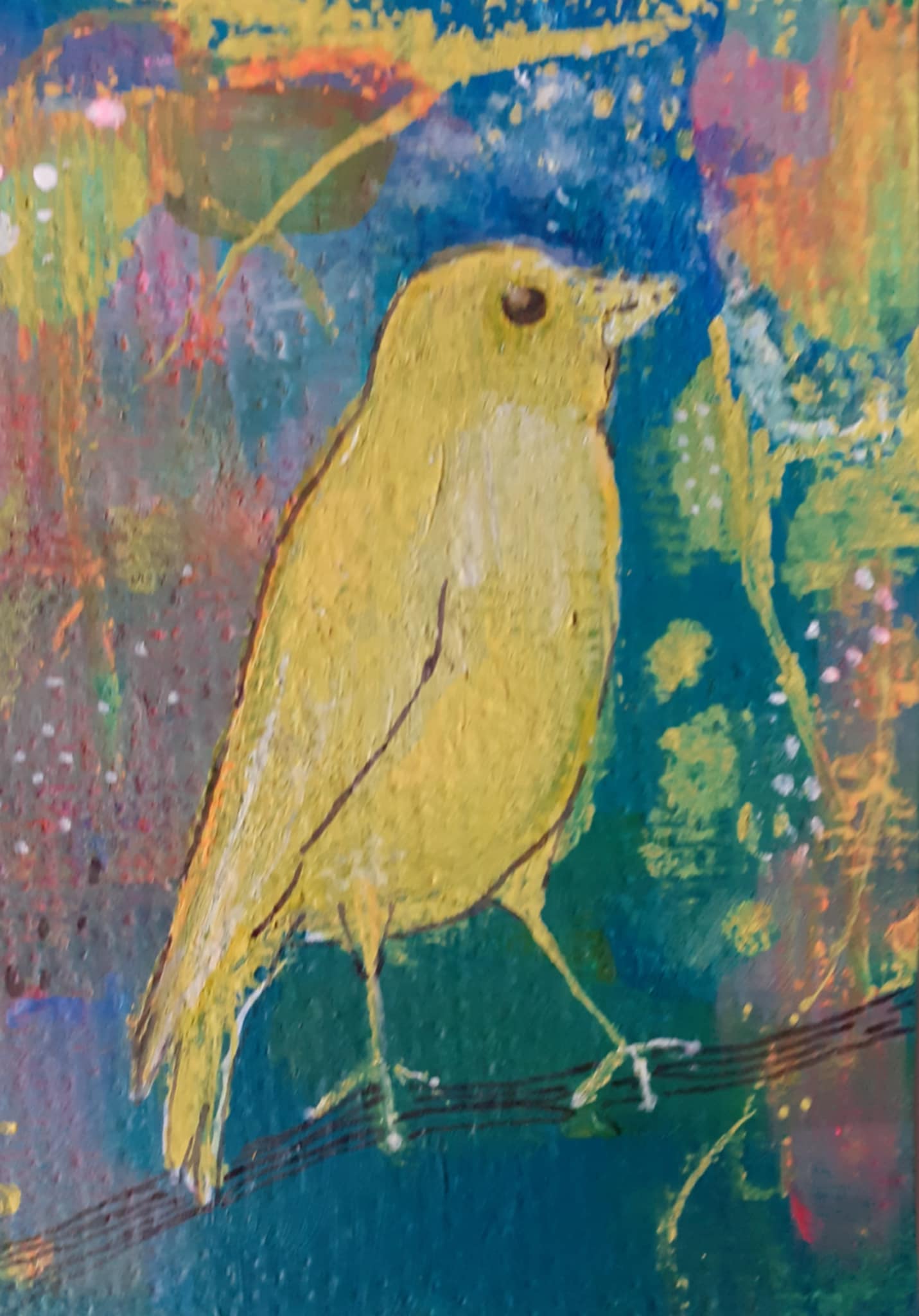 Canary painting. Painting of a whimsical canary - She is painted standing joyfully against an abstract background of green yellow and pink.