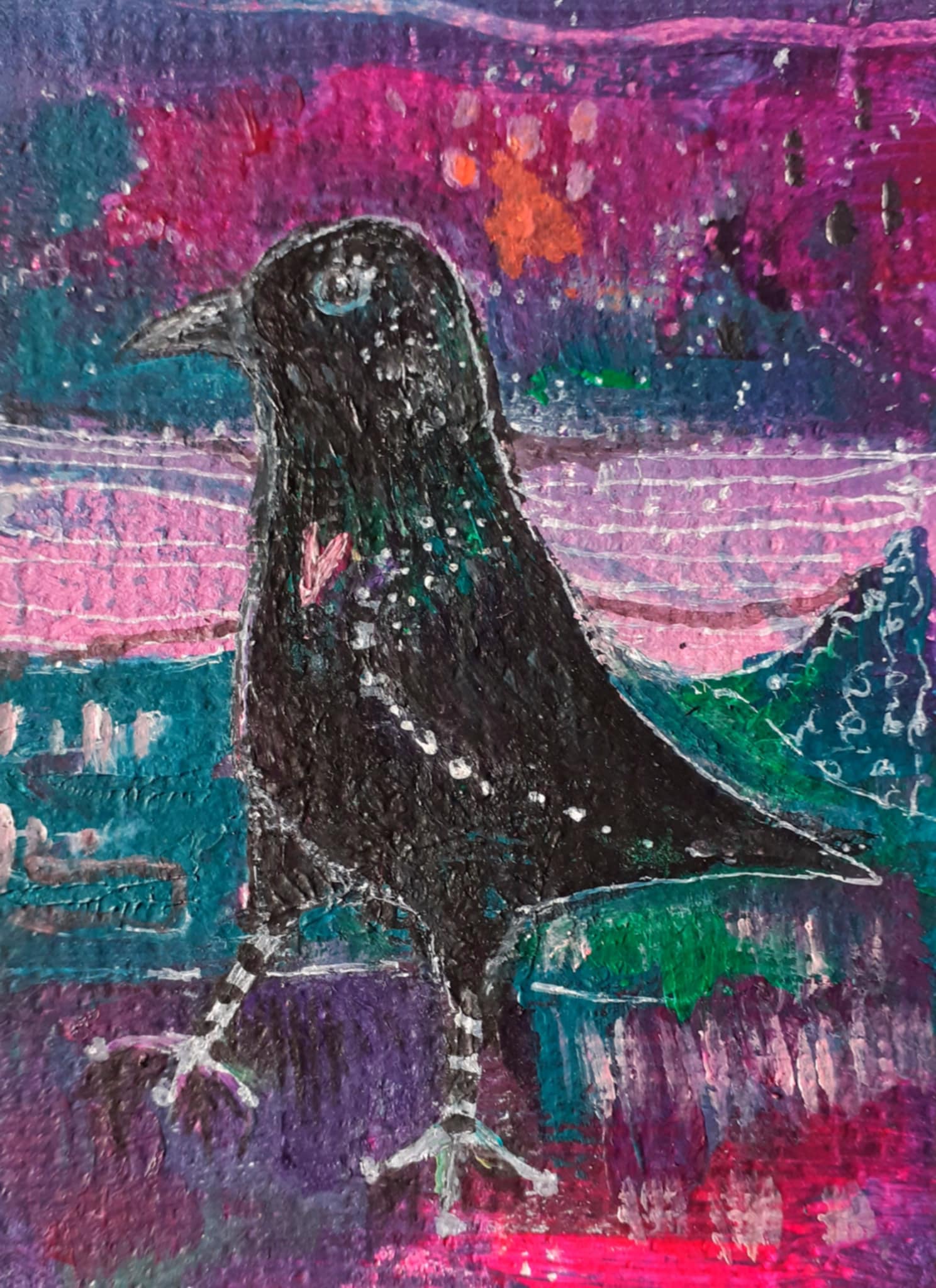 Crow painting. Painting of a whimsical crow walking with purpose against an abstract landscape background of pinks and greens and purples.