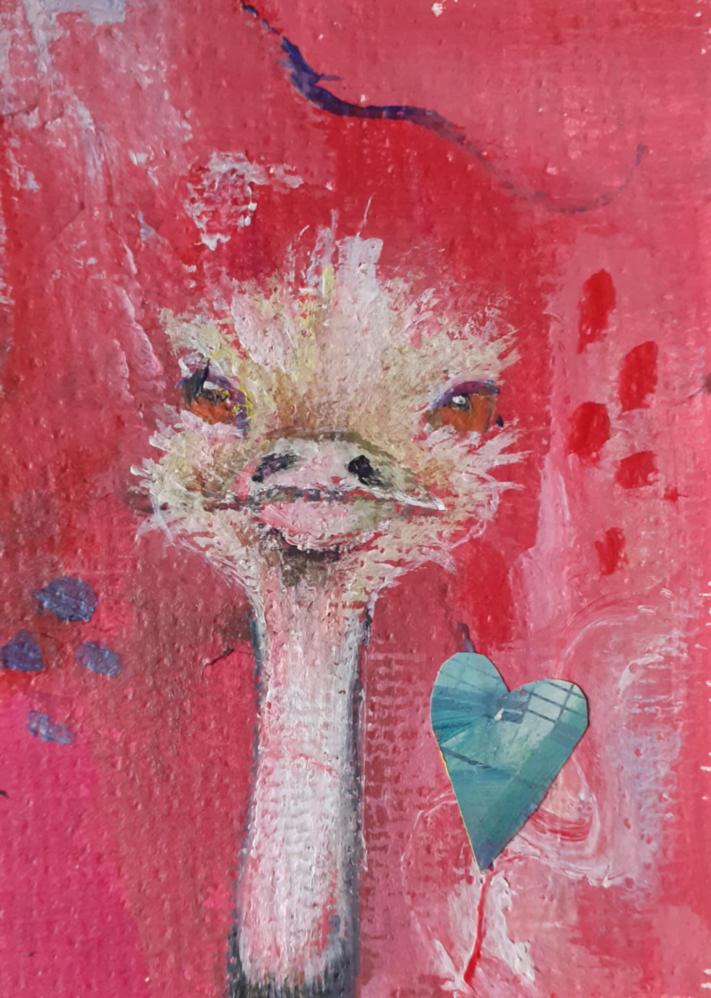 Ostrich painting. Painting of a whimsical ostrich - Her head and neck are painted popping up from the bottom of the painting against an abstract background of pinks and reds. Next to her is a floating teal blue heart.