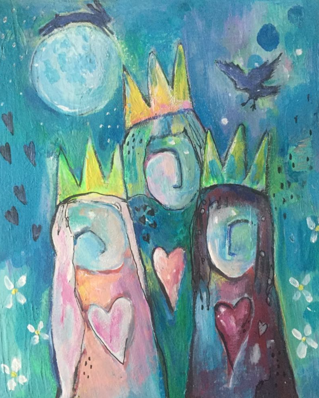 Wise Woman print showing 3 wise women beneath a full moon. A hare jumps over the moon and the owl hovers to one side. Each woman has her own colours - green, pink and red. Each wears a heart sumbol on her dress and a crown on their head. They stand against an abstract background of teals and turquoise blues.
